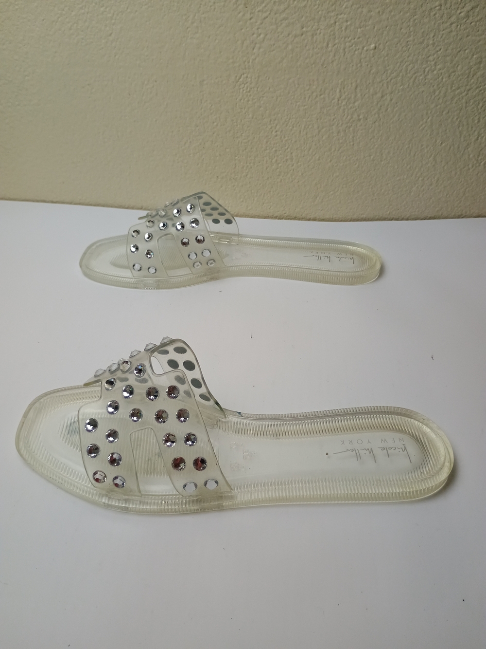Clear Slide Sandals with Silver Rhinestones — Size 10 Transparent Jelly Slides